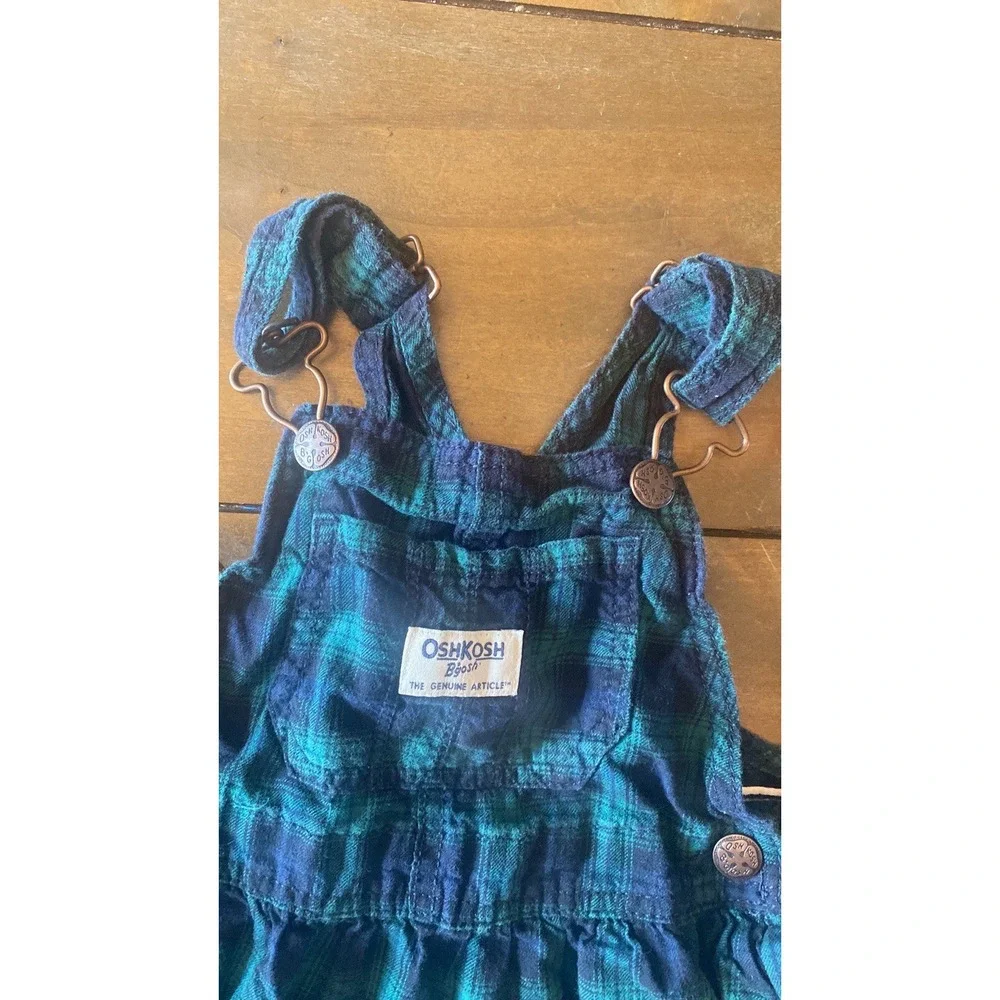 OshKosh B'gosh Vestbak Jumper Overall Dress Kids Size 3T Blue Green Plaid Cotton